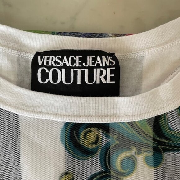 VERSACE JEANS COUTURE Black/White Racerback Tulle Baroque Jewels Overlay Top S - Picture 6 of 17